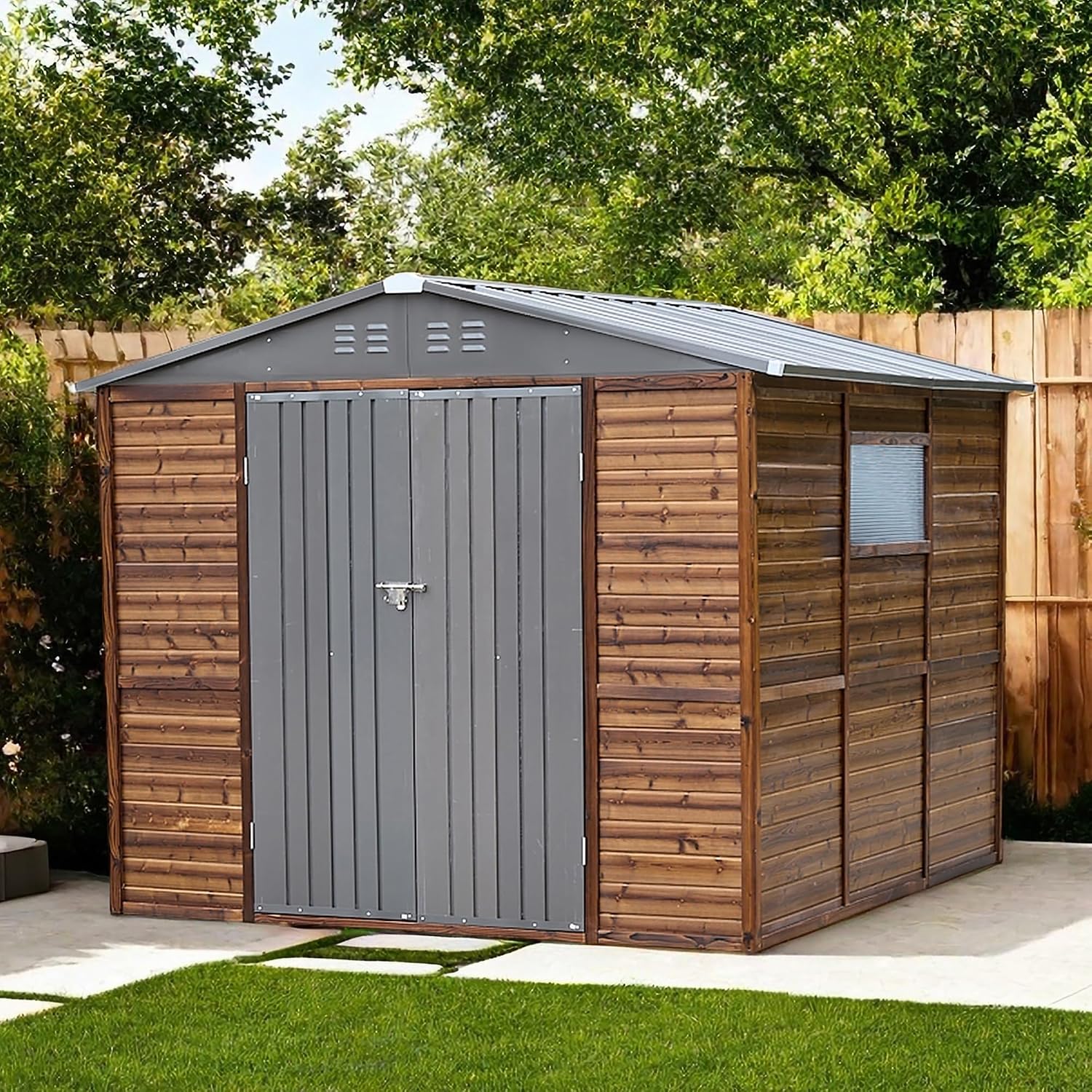8x8 FT Outdoor Wood & Metal St - Gardening Tools Storage 评论和价格